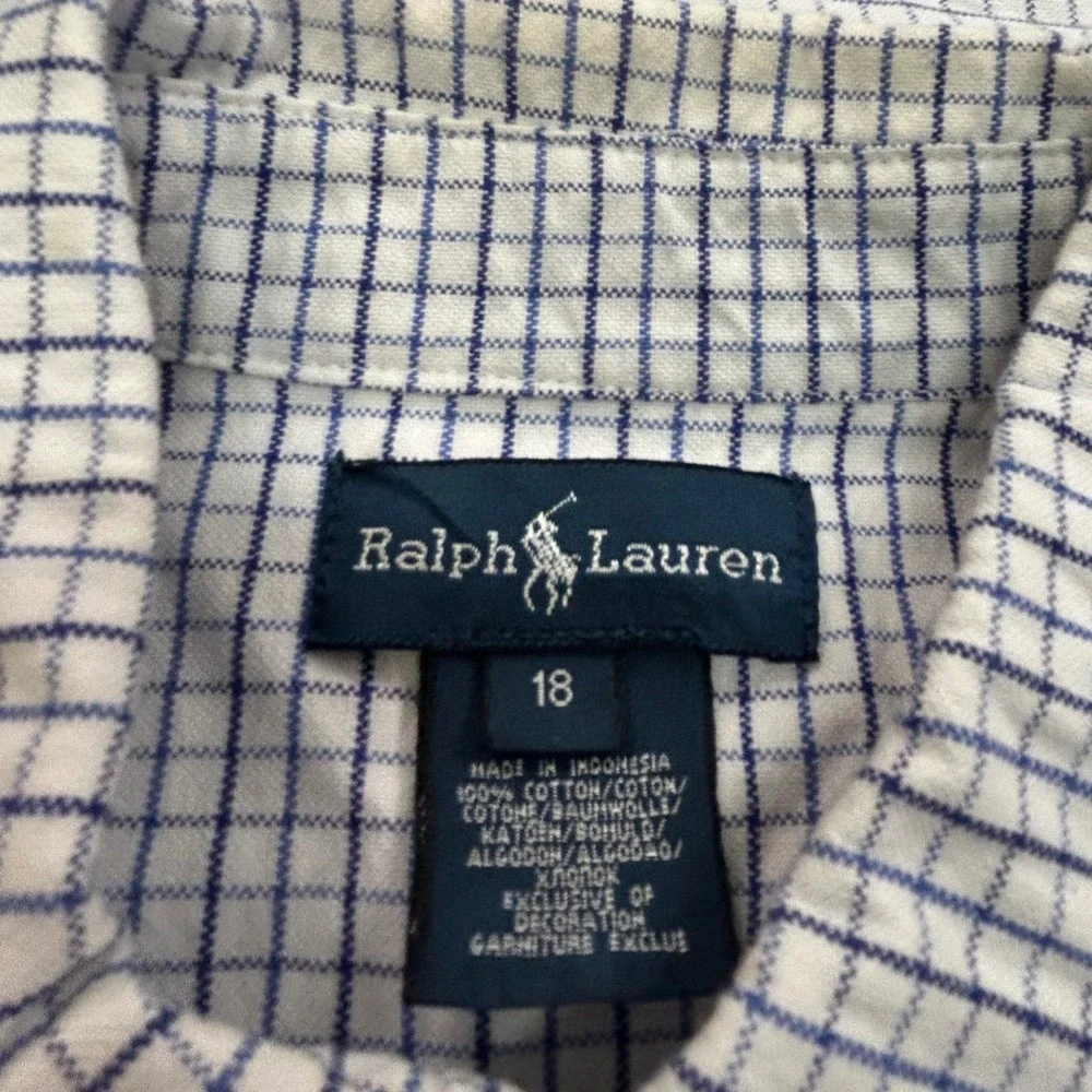 Ralph Lauren Boys Size 18 Blue White Check Long Sleeve Button Down Shirt Cotton